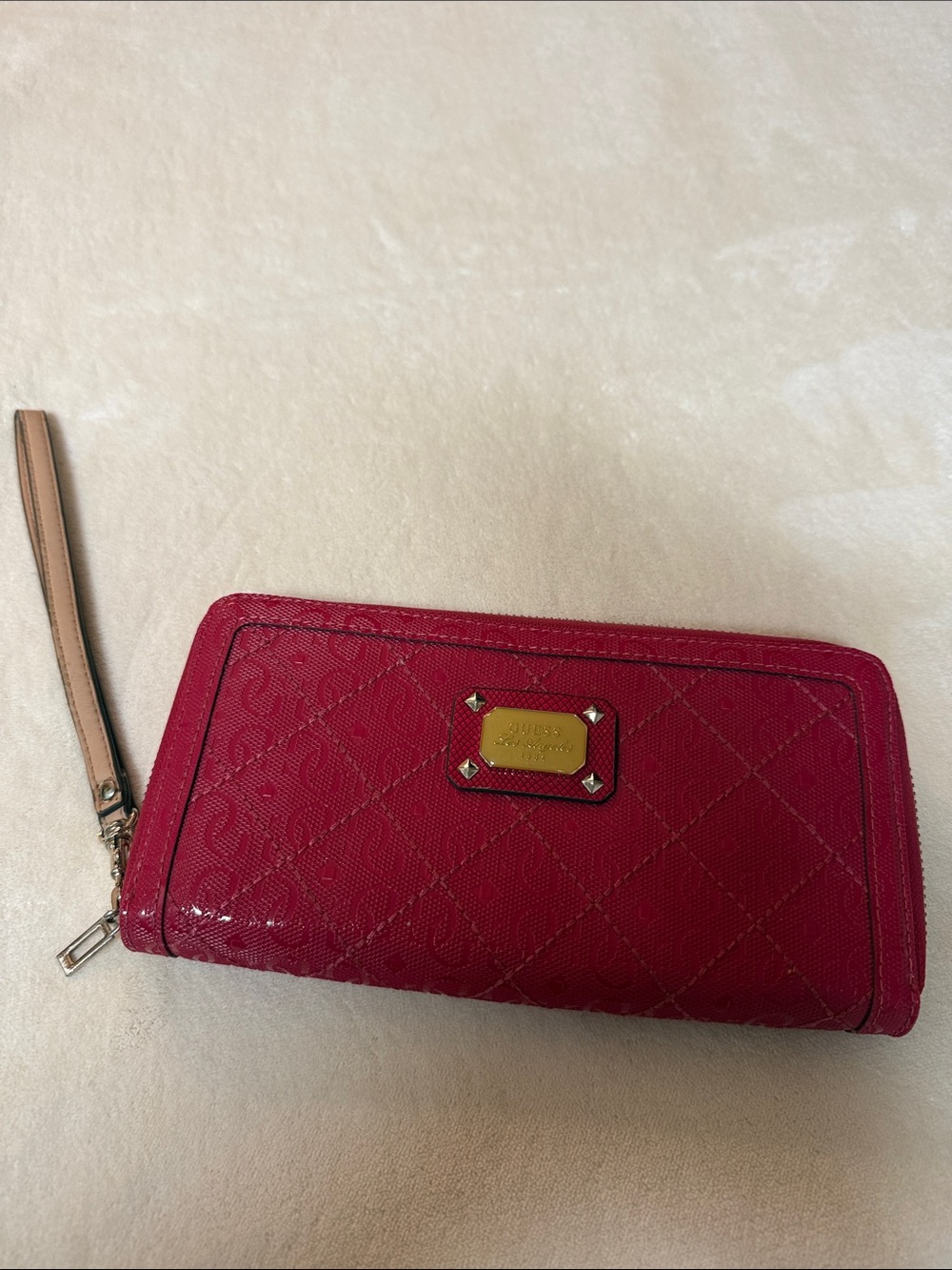 Guess Quilted Patent Wristlet Clutch - Raspberry Red with Tan Strap